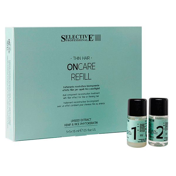Reconstituyente de dos componentes con efecto de relleno para cabellos sensibilizados o adelgazados.  ONCARE REFILL TREATMENT 10x15ml41.45